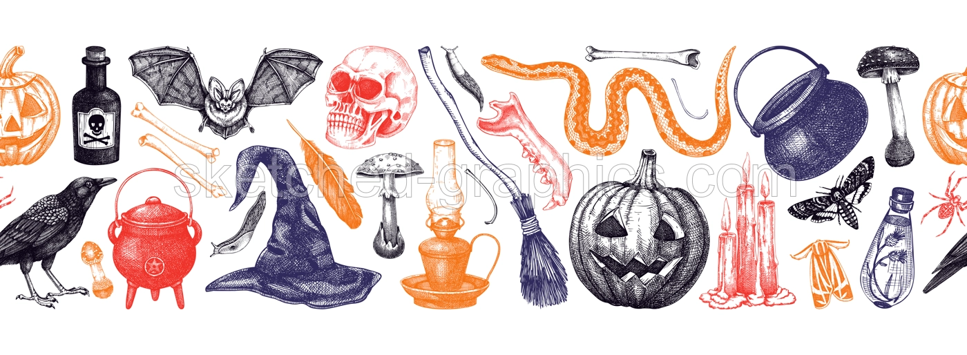 Halloween seamless pattern. Hand-drawn vector illustration. Skull, bones, pumpkin, poison, snakes, broom, witch hat,  mushrooms sketches. Autumn border. Repeating background design Illustration